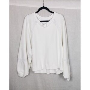 Aerie Womens XXL White Crochet Lace Trim Raglan Oversized Fleece Sweatshirt